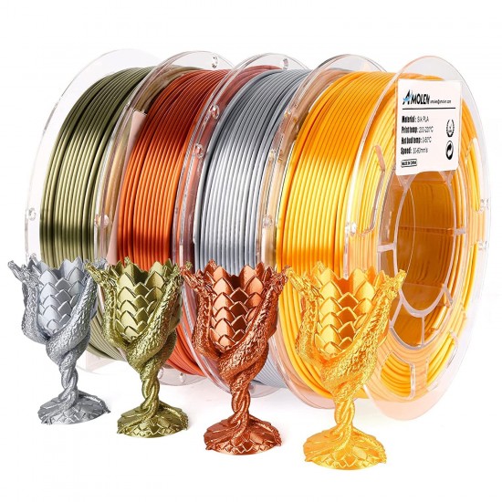 پک 4 عددی فیلامنت PLA Silk متالیک Amolen شامل Gold, Silver, Bronze و Red Copper قطر 1.75 میلی‌متر