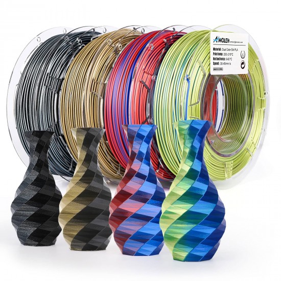 پک 4 عددی فیلامنت PLA Silk دو رنگ Amolen شامل Blue Yellow, Blue Red, Black Gold, Black Silver