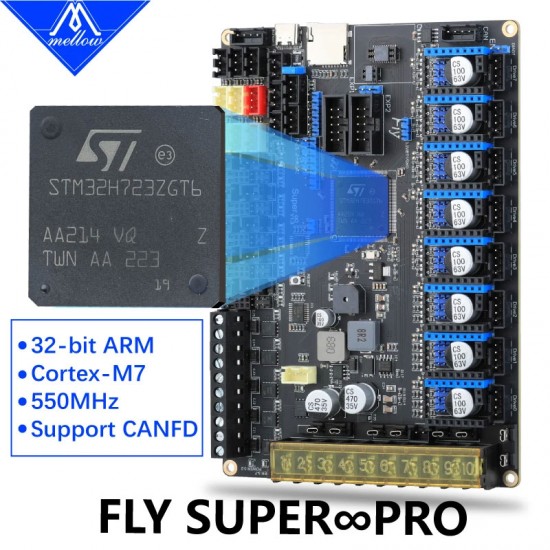 مادربرد پرچمدار پرینتر سه بعدی Klipper مدل Mellow FLY-Super8 Pro مادربرد ۸ محوره ملو Mellow FLY Super8 Pro کنترلر ۳۲ بیتی ولتاژ بالا فریمور کلیپر کن باس CAN Bus پرینتر سه بعدی وورون ۲.۴ شاپ