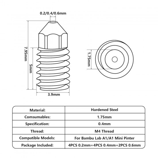 نازل فولاد سخت‌کاری شده 0.6mm مدل A1 / A1 mini