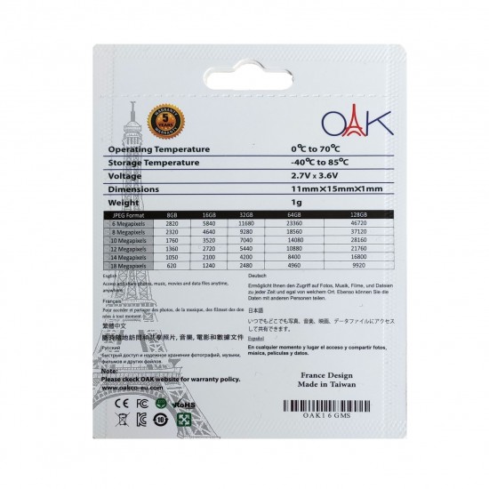 کارت حافظه میکرو اس دی OAK کلاس 10 ظرفیت 16 گیگابایت