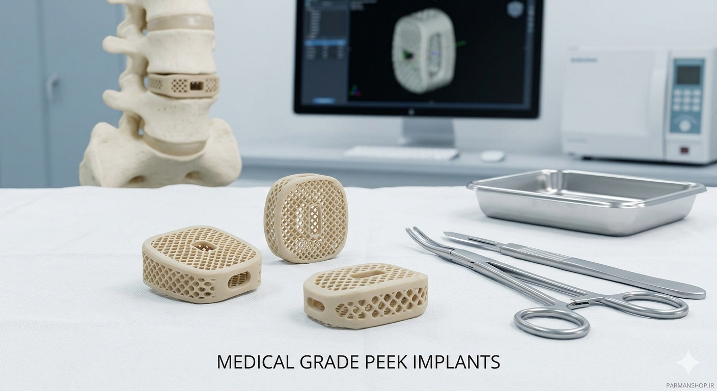ایمپلنت های ستون فقرات (Spine Cages) پرینت شده با فیلامنت PEEK پزشکی روی سطح استریل کلینیکی، آماده برای جراحی.